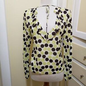 Tahari • Polka-Dot Blouse • Citron and Brown • Ruffles & Dots • Size 10